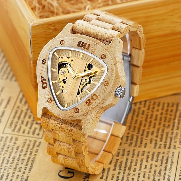 Men's Wooden Watch Triangle Skeleton Automatic Watch Mechanical Wood Watches for Men browm&yellow