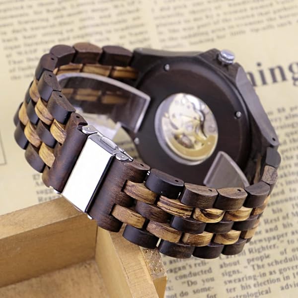 Men's Wooden Watch Triangle Skeleton Automatic Watch Mechanical Wood Watches for Men Brown