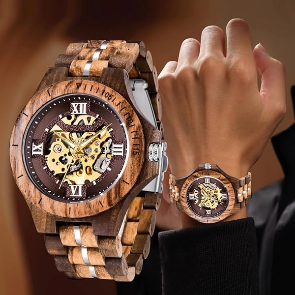 Men's Wooden Watch Triangle Skeleton Automatic Watch Mechanical Wood Watches for Men brown 2