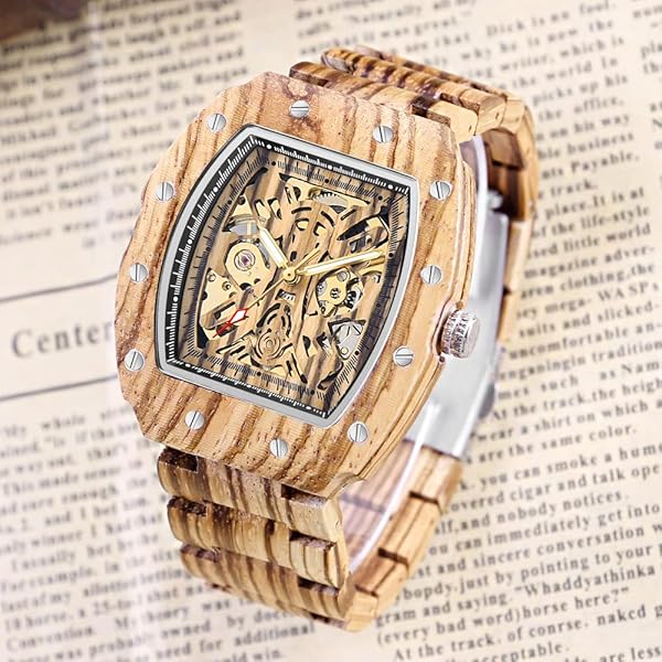 Men's Wooden Watch Triangle Skeleton Automatic Watch Mechanical Wood Watches for Men Brown&silver
