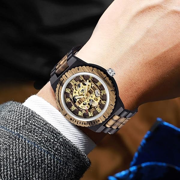 Men's Wooden Watch Triangle Skeleton Automatic Watch Mechanical Wood Watches for Men black&brown