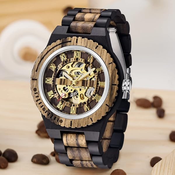 Men's Wooden Watch Triangle Skeleton Automatic Watch Mechanical Wood Watches for Men black&brown