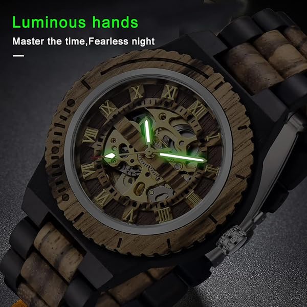 Men's Wooden Watch Triangle Skeleton Automatic Watch Mechanical Wood Watches for Men black&brown