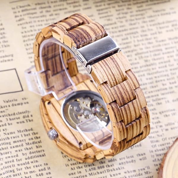Men's Wooden Watch Triangle Skeleton Automatic Watch Mechanical Wood Watches for Men Brown&silver