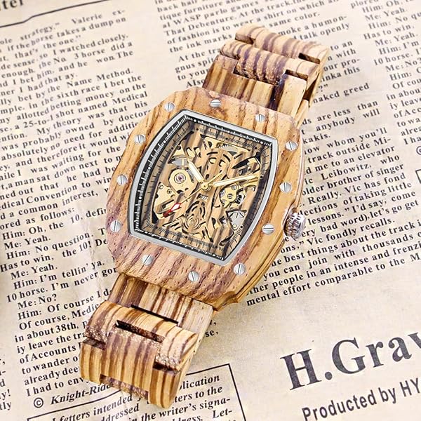 Men's Wooden Watch Triangle Skeleton Automatic Watch Mechanical Wood Watches for Men Brown&silver