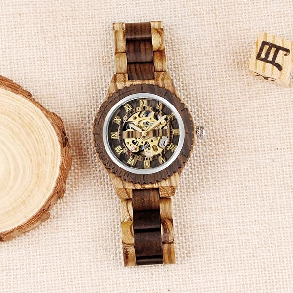 Men's Wooden Watch Triangle Skeleton Automatic Watch Mechanical Wood Watches for Men Brown