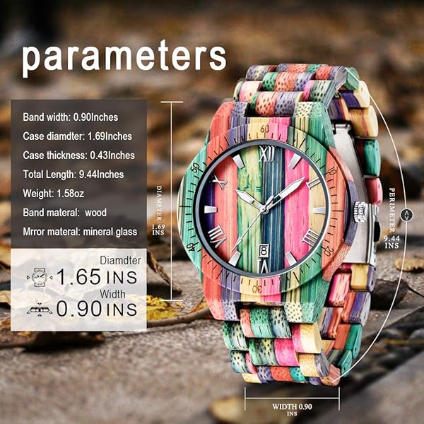 Wooden Watches Mens with Handmade Colorful Bamboo Wood Watch Analog Date Quartz Wooden Watch for Men Q1057