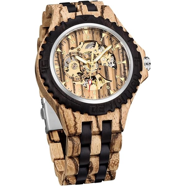 Men's Wooden Watch Triangle Skeleton Automatic Watch Mechanical Wood Watches for Men Tan&black