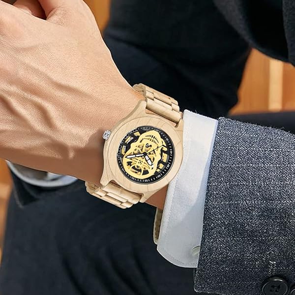 No Battery Fashion Mechanical Wooden Watch for Men, Mechanical Movement Wooden Strap Men's Watch for Father's Day, Birthday W001-Brown