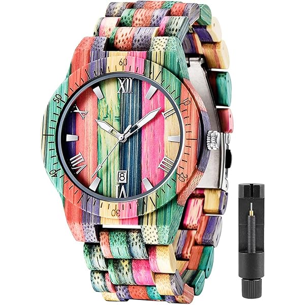Wooden Watches Mens with Handmade Colorful Bamboo Wood Watch Analog Date Quartz Wooden Watch for Men Q1057