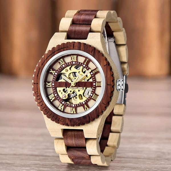 Men's Wooden Watch Triangle Skeleton Automatic Watch Mechanical Wood Watches for Men Brown&red
