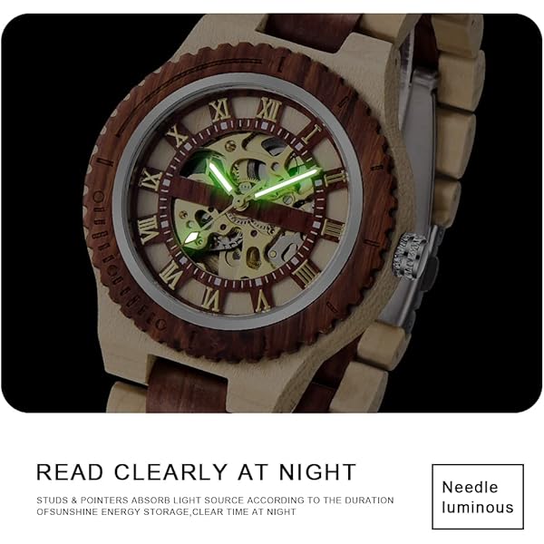 Men's Wooden Watch Triangle Skeleton Automatic Watch Mechanical Wood Watches for Men Brown&red