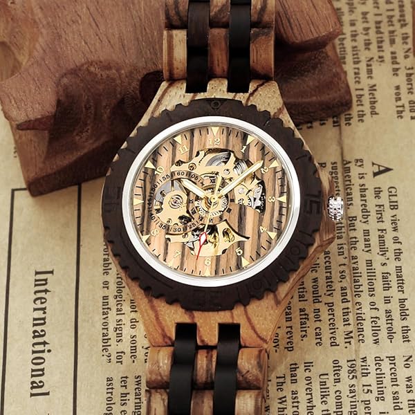 Men's Wooden Watch Triangle Skeleton Automatic Watch Mechanical Wood Watches for Men Tan&black