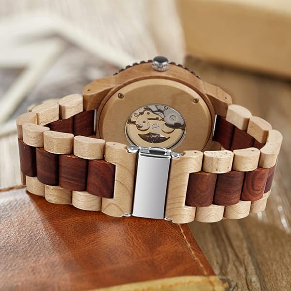 Men's Wooden Watch Triangle Skeleton Automatic Watch Mechanical Wood Watches for Men Brown&red