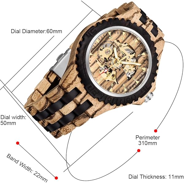 Men's Wooden Watch Triangle Skeleton Automatic Watch Mechanical Wood Watches for Men Tan&black