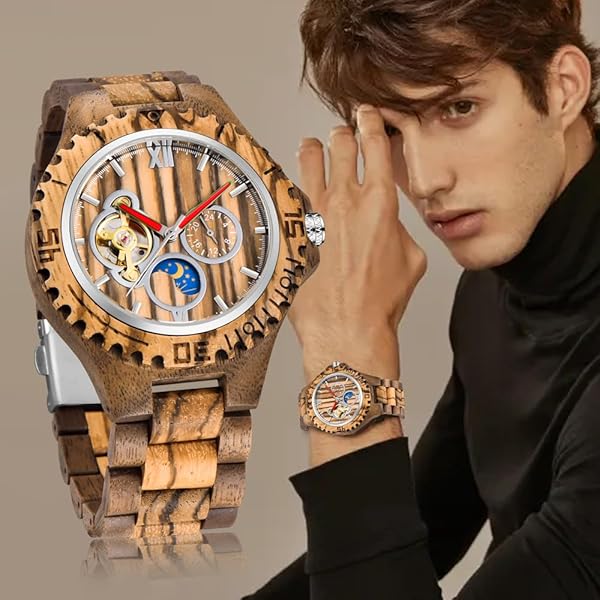 Men's Wooden Watch Triangle Skeleton Automatic Watch Mechanical Wood Watches for Men Brown3
