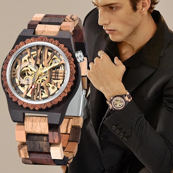 No Battery Fashion Mechanical Wooden Watch for Men, Mechanical Movement Wooden Strap Men's Watch for Father's Day, Birthday M808