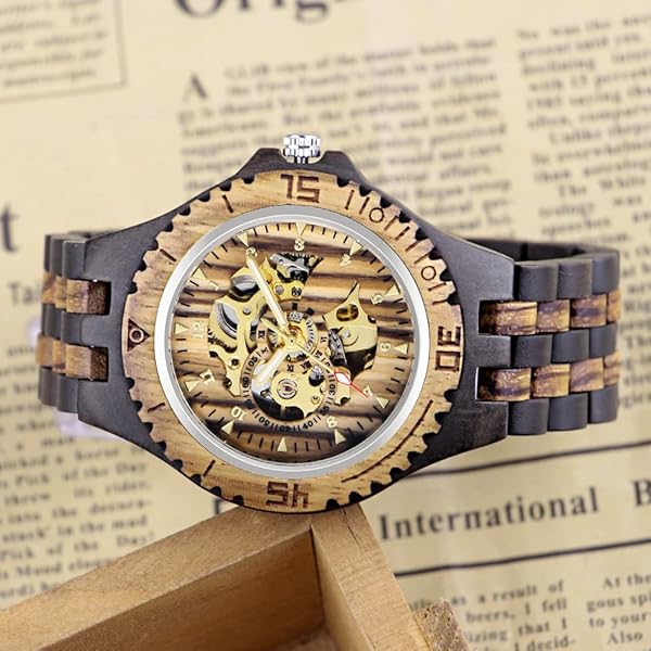 Men's Wooden Watch Triangle Skeleton Automatic Watch Mechanical Wood Watches for Men Brown
