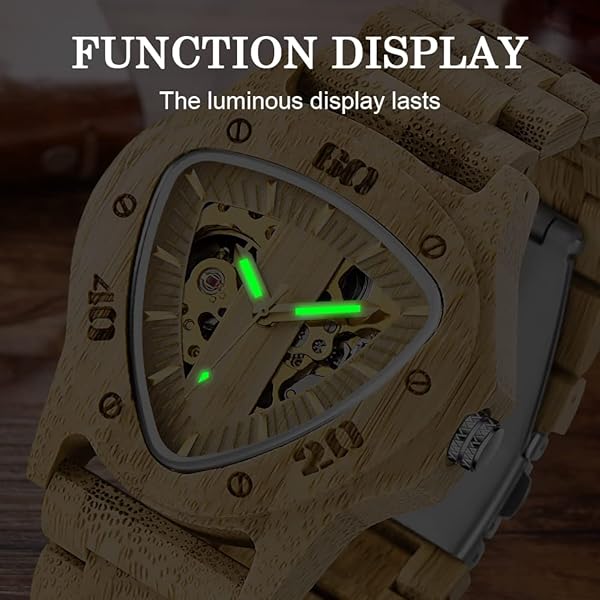 Men's Wooden Watch Triangle Skeleton Automatic Watch Mechanical Wood Watches for Men Brown&silver
