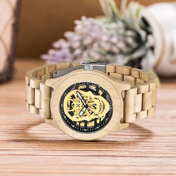 No Battery Fashion Mechanical Wooden Watch for Men, Mechanical Movement Wooden Strap Men's Watch for Father's Day, Birthday W001-Brown