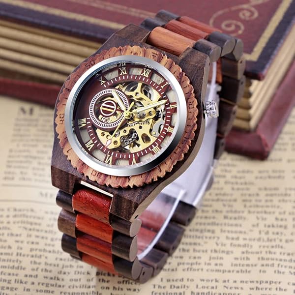 Men's Wooden Watch Triangle Skeleton Automatic Watch Mechanical Wood Watches for Men red&black