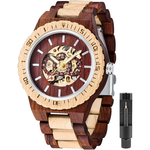 No Battery Fashion Mechanical Wooden Watch for Men, Mechanical Movement Wooden Strap Men's Watch for Father's Day, Birthday M811-red white